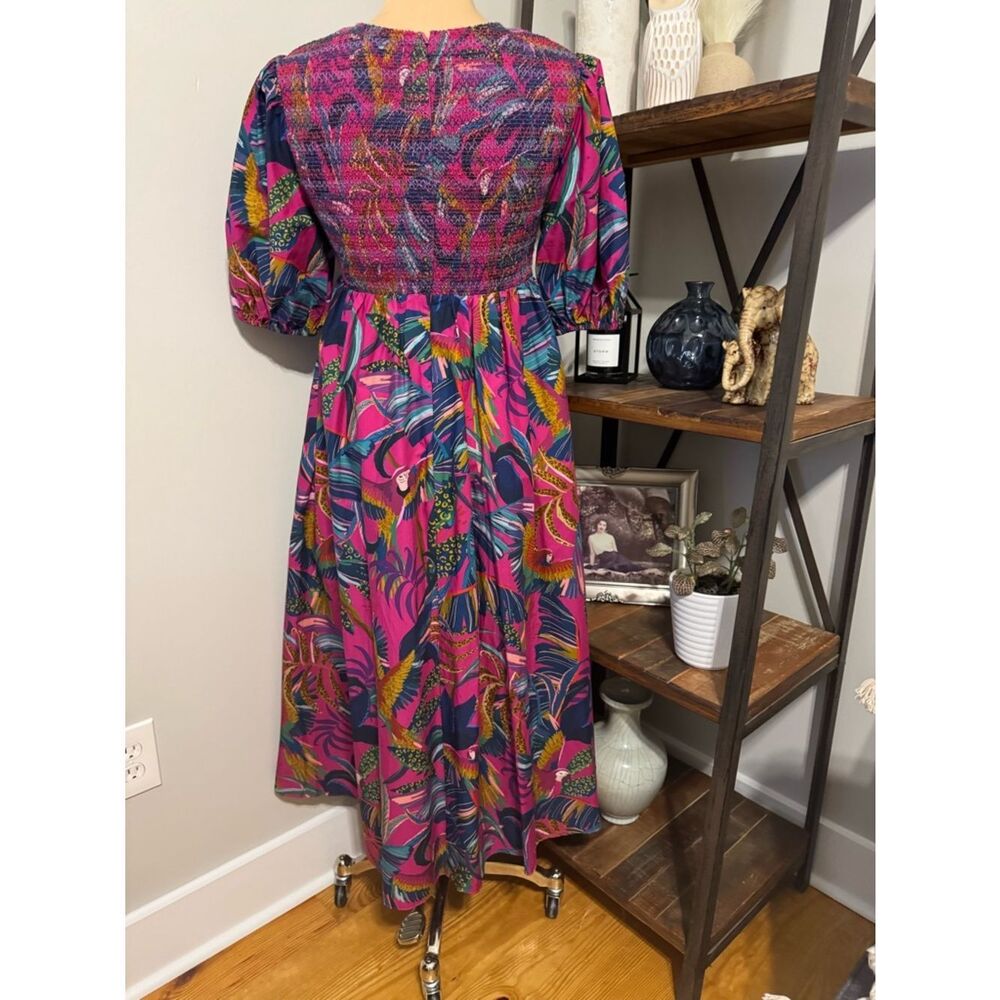 Farm Rio Rainbow Macaws Purple Puff Sleeve Smocked Midi Dress Women's SIZE XS - Picture 5 of 13